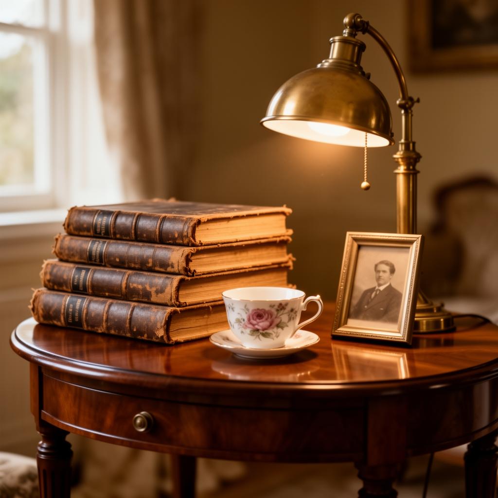 Vintage mahogany side table with antique leather books, brass lamp, and porcelain tea cup